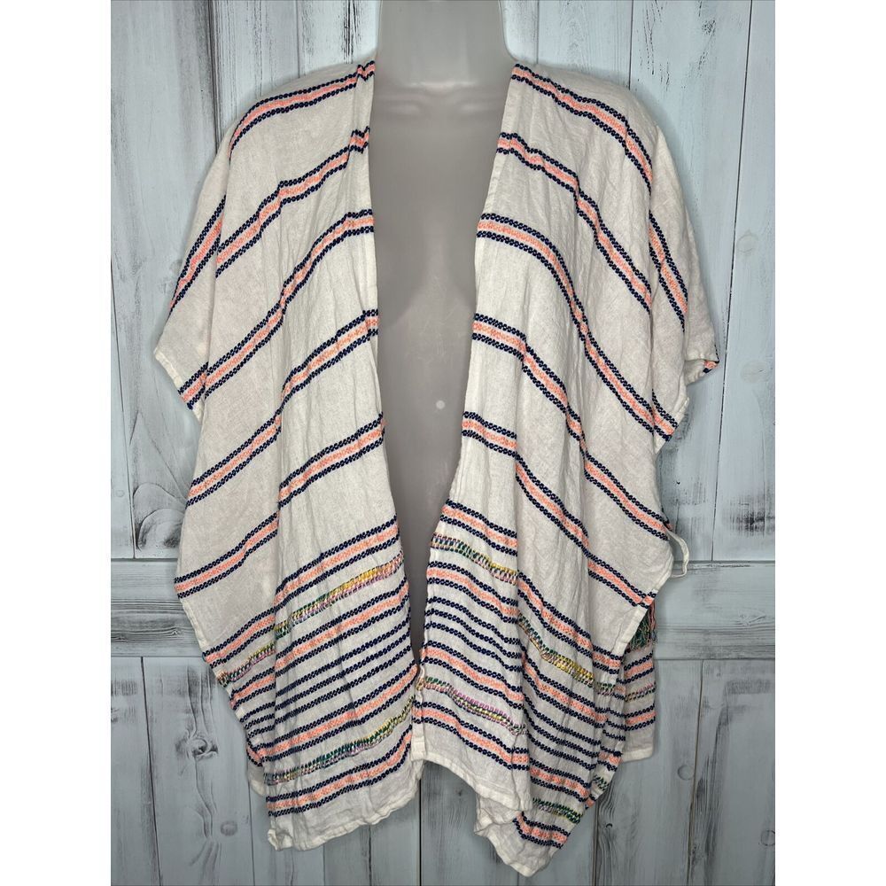 WOMENS WHITE WOVEN COTTON RAYON BLUE EMBROIDERED BOHO TASSEL BEACH PONCHO WRAP‎